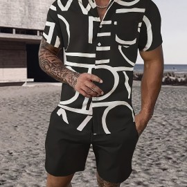 Casual Two-Piece Set, Men's Short Sleeve Shirt & Drawstring Shorts Matching Set For Summer