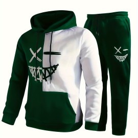 Creative Pattern Print, Men's 2Pcs Outfits, Casual Hoodies Long Sleeve Hooded Sweatshirt And Sweatpants Joggers Set For Spring Fall, Men's Clothing