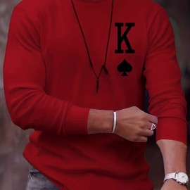 Letter K Print Long Sleeve Sports Shirt, Men's Casual Crew Neck Sport T-shirt
