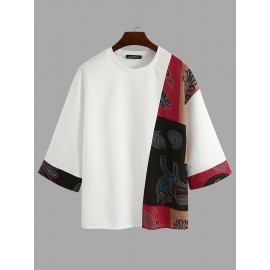 Men Loose T-Shirt Patchwork Round Neck Tee Streetwear Vintage Tops