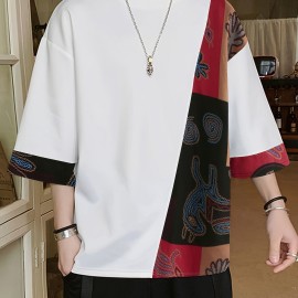 Men Loose T-Shirt Patchwork Round Neck Tee Streetwear Vintage Tops