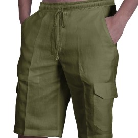 Classic Design Cotton Cargo Shorts, Men's Casual Multi Pocket Waist Drawstring Cargo Shorts For Summer Outdoor