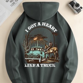 I Got A Heart Like A Truck Cowboy Riding Horse Print Men's Cool Streetwear Hoodies, Casual Loose Hooded Pullover With Kangaroo Pockets, Crew Neck Sweatshirt For Men For Fall And Winter, As Gifts