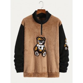 Men's Color Block Fuzzy Bear Pattern Sweatshirt, Half Zip Stand Collar Warm Pullover For Autumn Winter