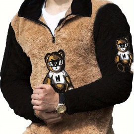 Men's Color Block Fuzzy Bear Pattern Sweatshirt, Half Zip Stand Collar Warm Pullover For Autumn Winter