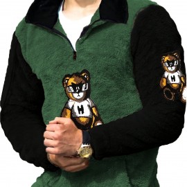 Men's Color Block Fuzzy Bear Pattern Sweatshirt, Half Zip Stand Collar Warm Pullover For Autumn Winter